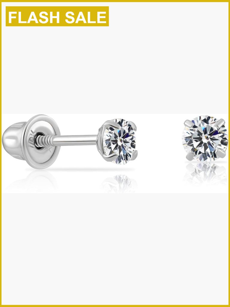 14k White Gold Cubic Zirconia Stud Earrings Screw Backs
